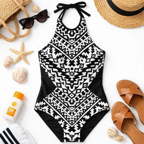 Seafolly Other - Seafolly Aztec One Piece Swimsuit Halter Cutout Size 10​ Resortwear festival
